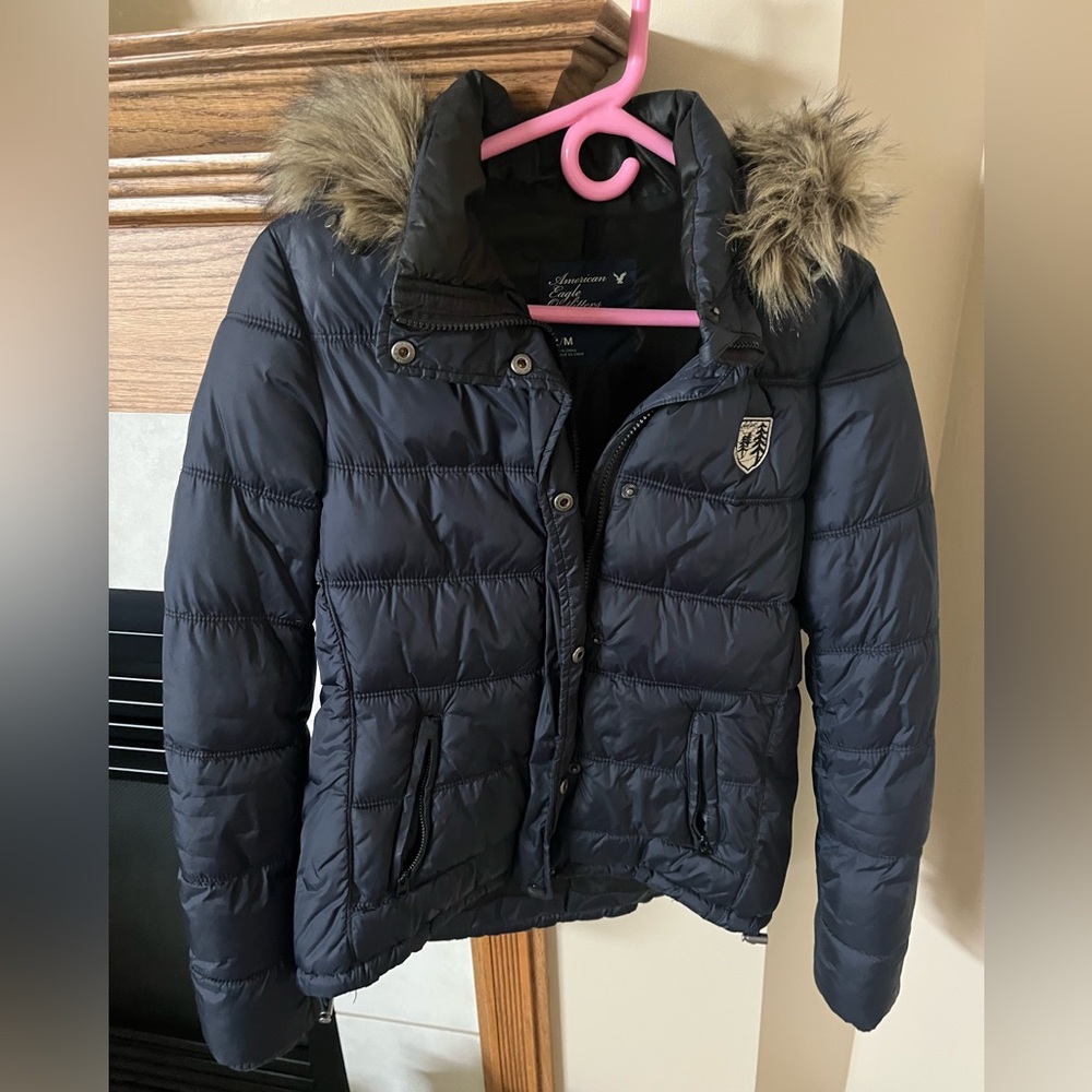 American Eagle Outfitters Navy Puffer Jacket with removable Faux Fur Hood